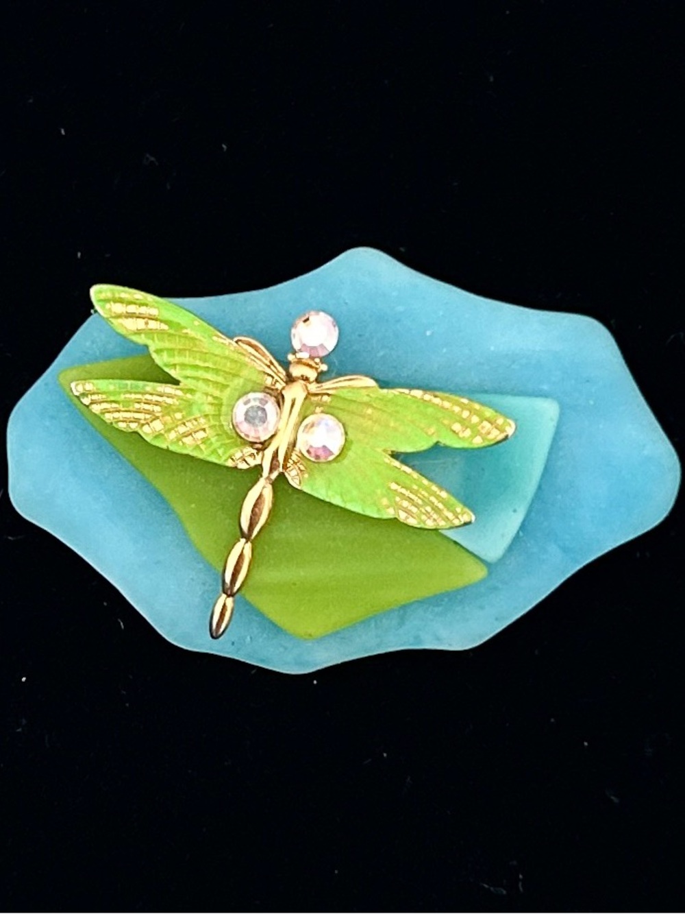 Vintage Artisan Dragonfly Brooch Aqua and Citrus Green Dimensional Pin NOS